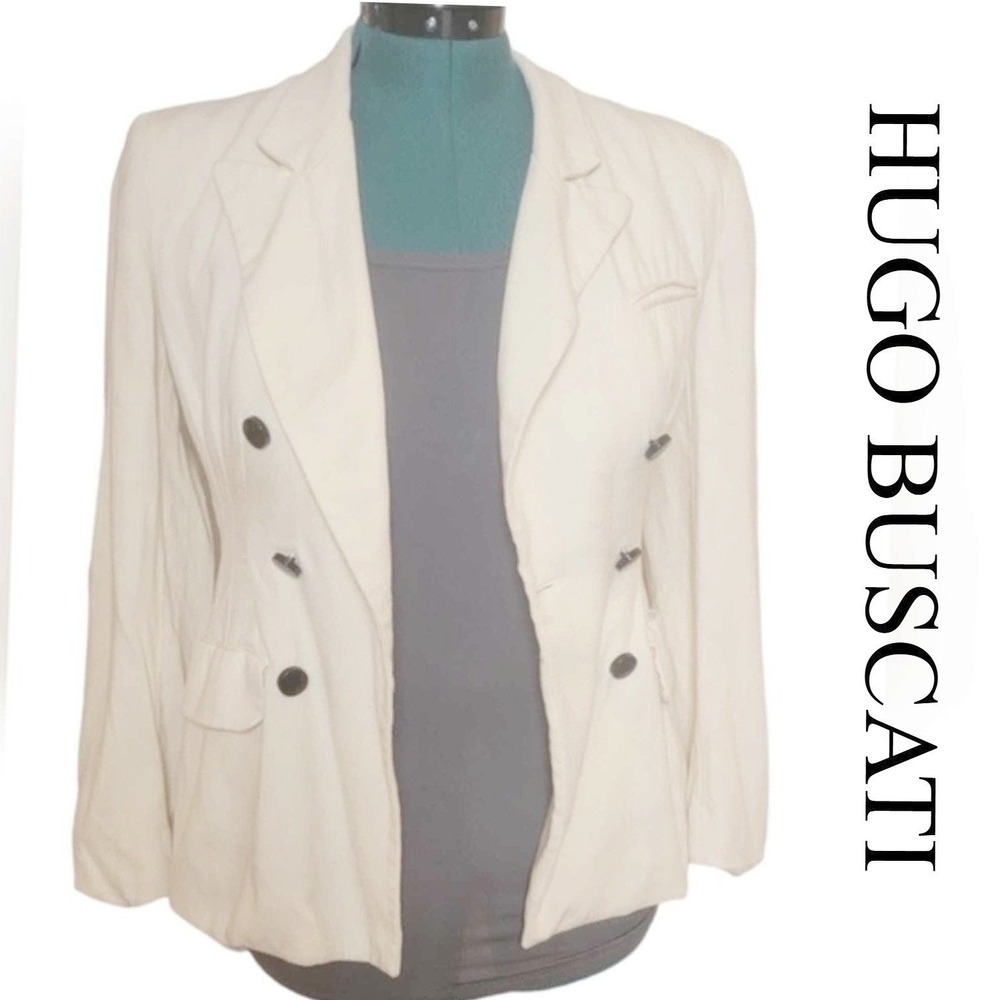 Hugo Buscati Vintage Womens Cream Rayon Wool Double Breasted Blazer Jacket Sz 4